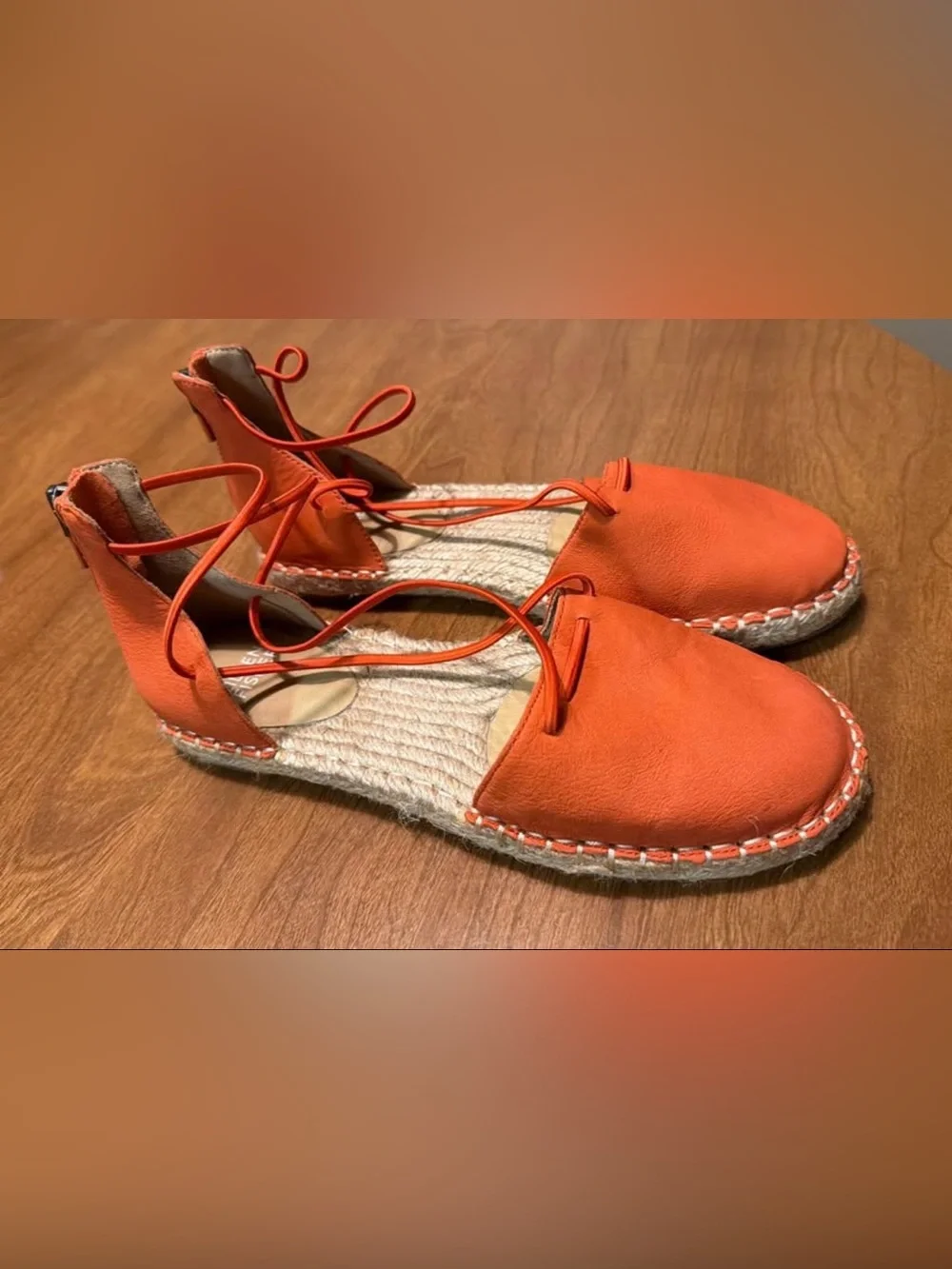 Eileen Fisher Orange Leather Espadrille Lace-Up Sandals